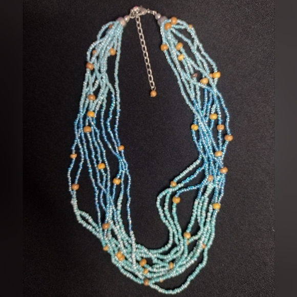 Blue Beaded Necklace With Wood Accent Beads - Picture 3 of 8